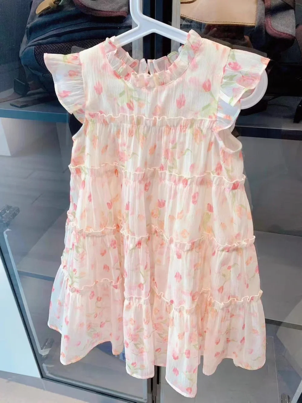 Girls' Floral Tiered Chiffon Dress - Pink 6-7 - Picture 6 of 12